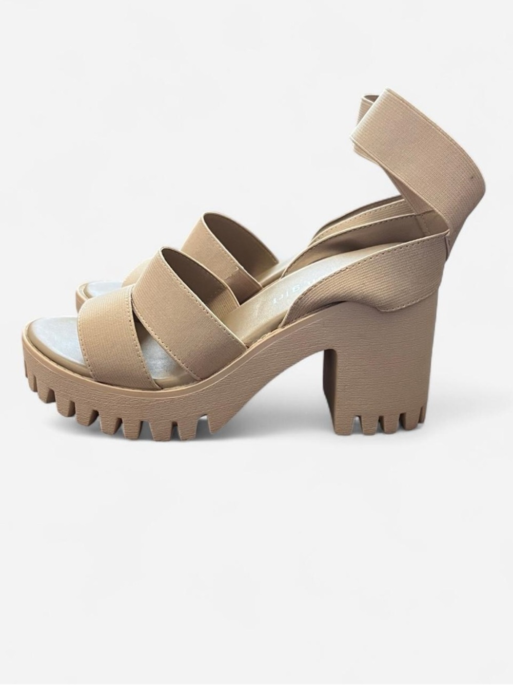 Madden Girl Templee Platform Block Heel Sandal in Sand Stretch - Picture 4 of 6
